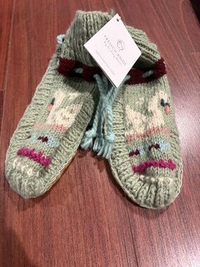 French Knot & Free People Hand-Knit Green Wool Bootie Slippers with Animal Motif